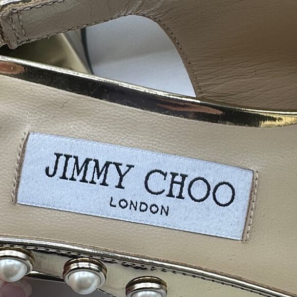 JIMMY CHOO Hya 45 Gold Metallic Slingback Heels Pearl Trim Square Sz 39.5 $995 - Picture 7 of 9